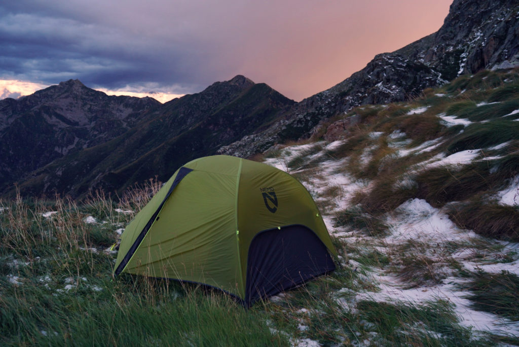 A tent on the Grande Traversata delle Alpi after a hailstorm went down.