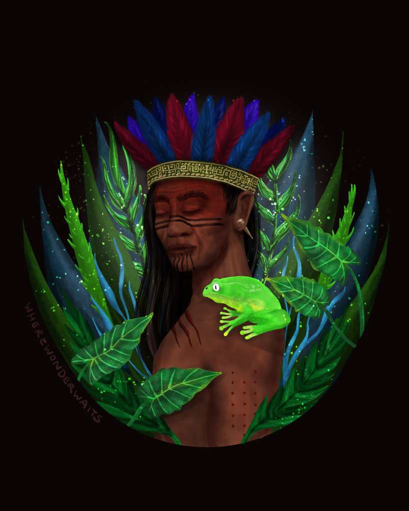 A psychedelic painting that shows an indigenious warrior with a Kambo frog on his shoulder and burn marks on his arm.
