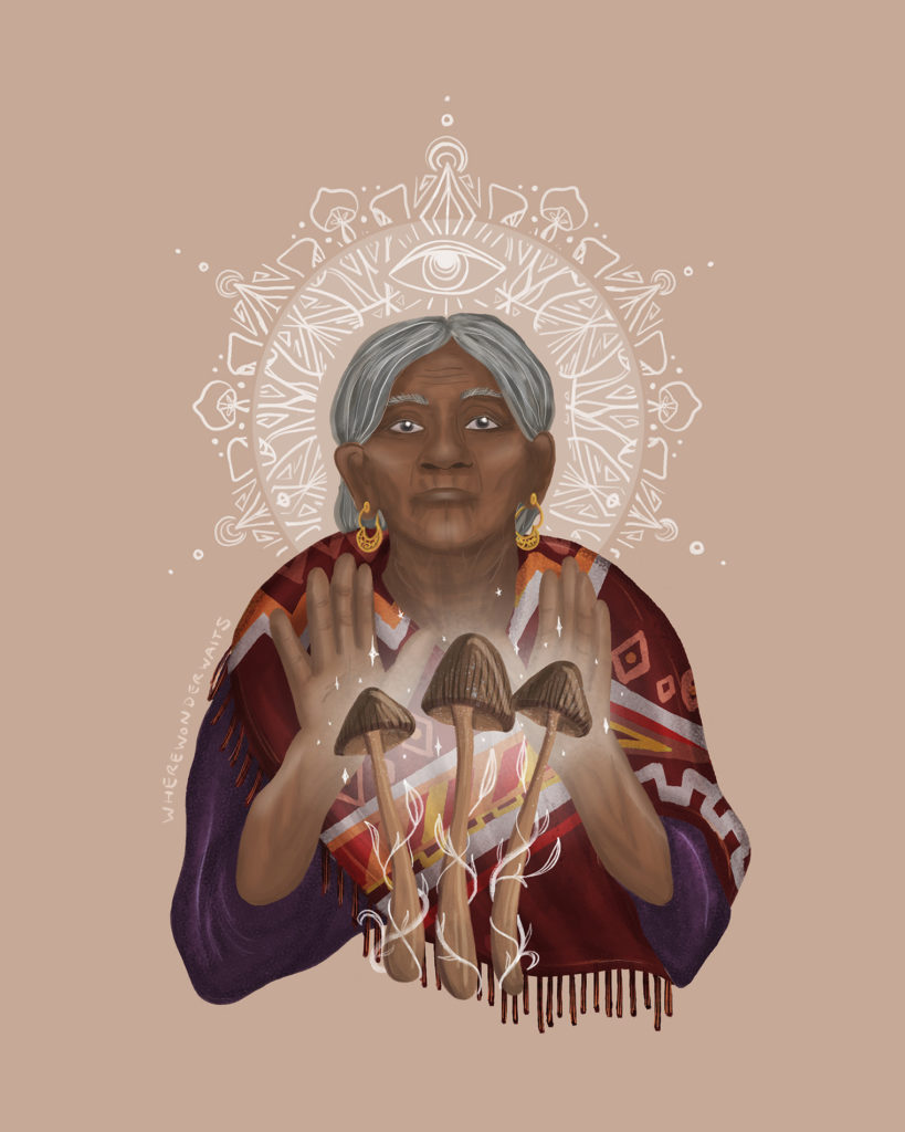 This illustration depicts the Mexican shaman Maria Sabina working with magic mushrooms.