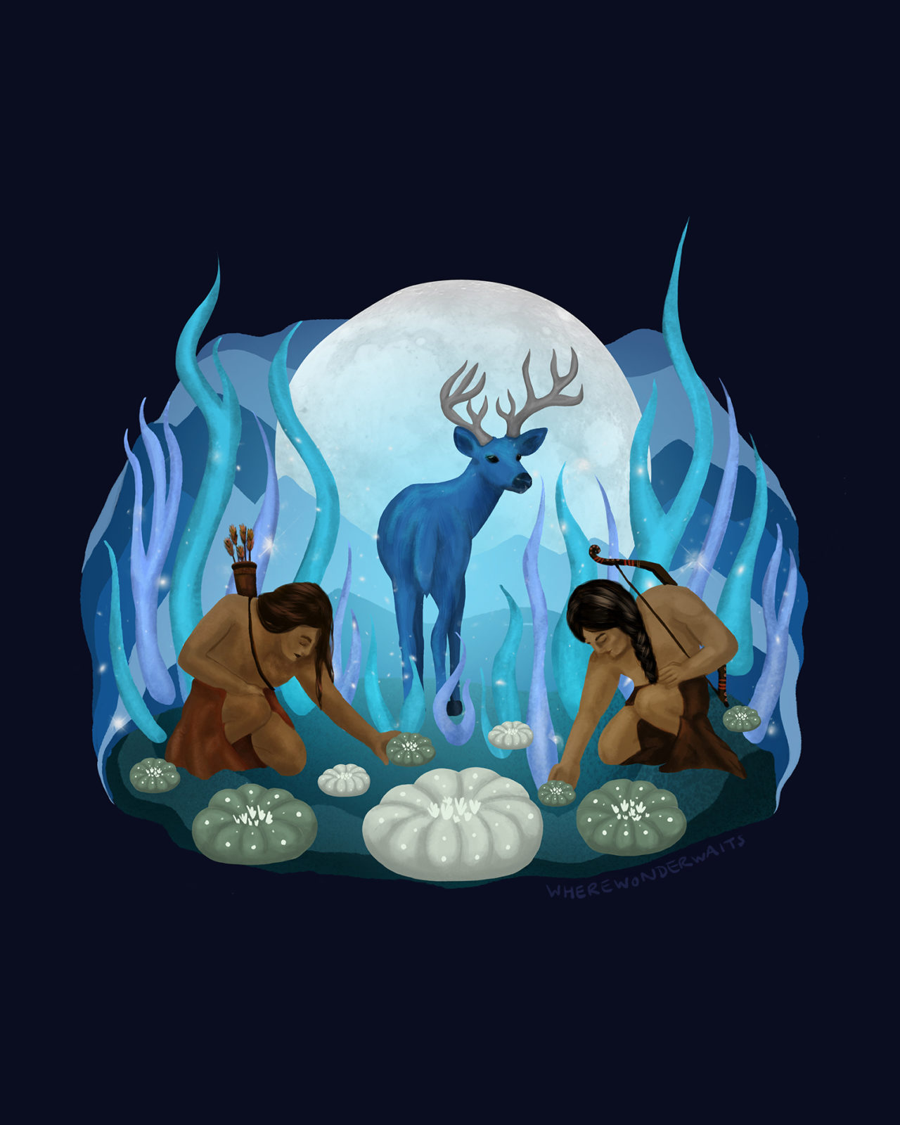 This artwork represents hunters collecting Peyote after being led there by the blue deer (venado azul).