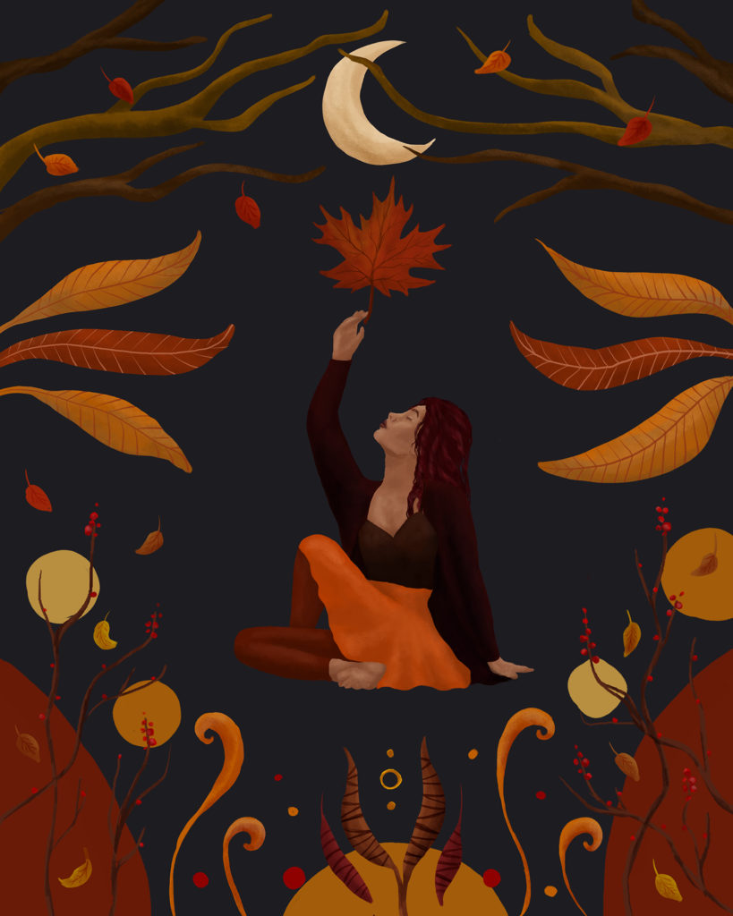 Yoga illustration to celebrate the seasons. Autumn shows warm colors, falling leaves and a woman in a yoga pose reaching for the moon.