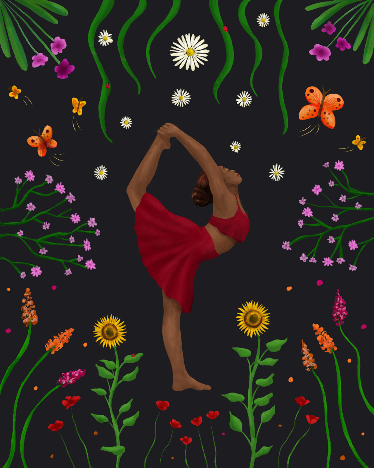 Yoga illustration showing a woman doing yoga in summer season, surrounded by blossoming flowers and butterflies.