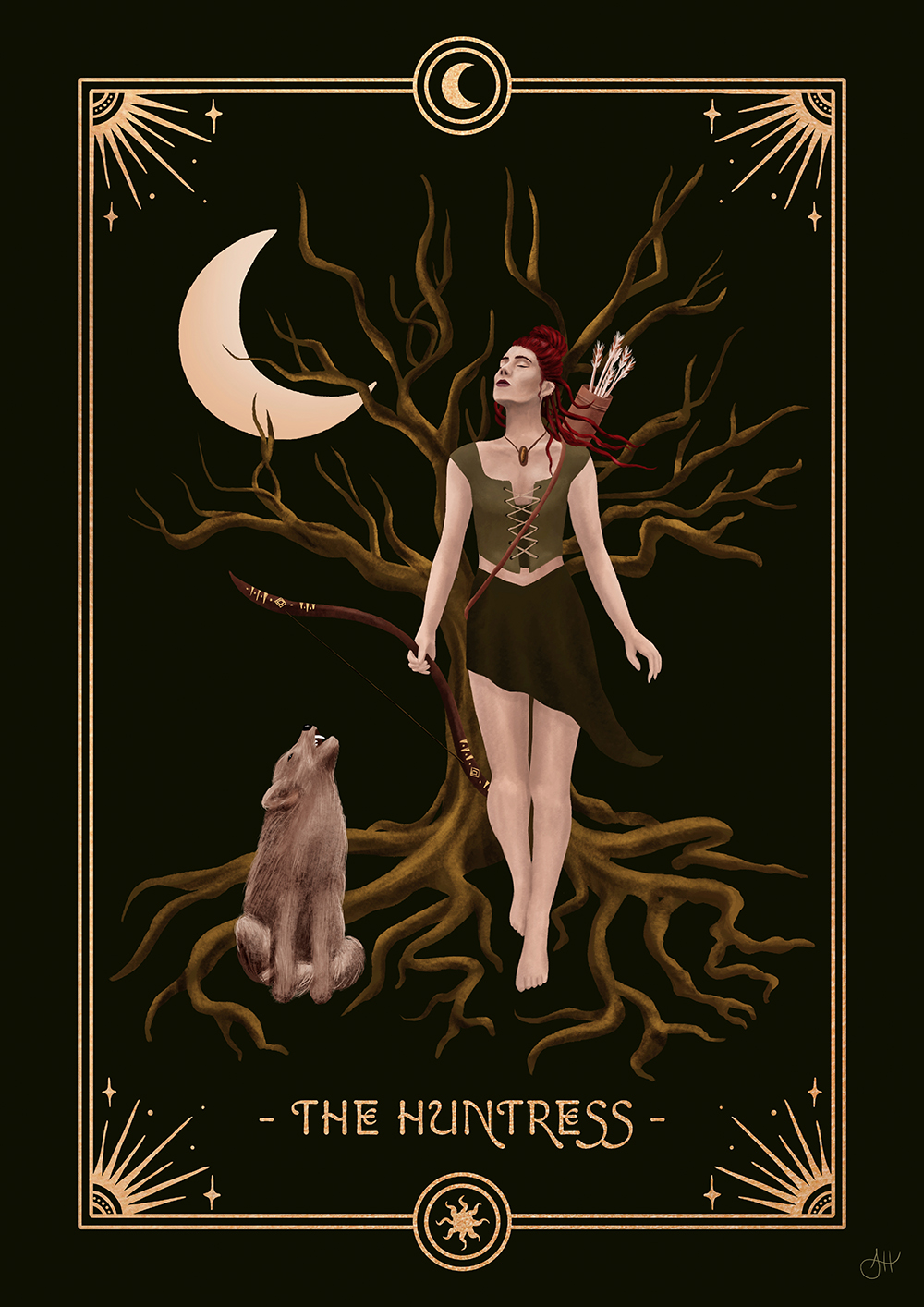 Illustrations of the 7 Feminine Archetypes by Anna Heimkreiter. "The Huntress" shows a warrior woman walking the woods at night, with a wolf by her side.