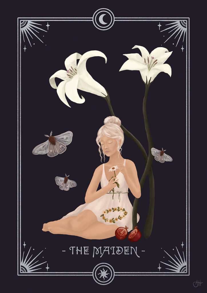 Illustrations of the 7 Feminine Archetypes by Anna Heimkreiter. "The Maiden" shows a young, innocent-looking woman under lilies making a flower crown.