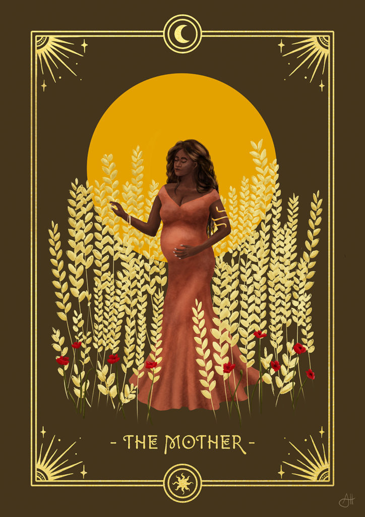 Illustrations of the 7 Feminine Archetypes by Anna Heimkreiter. "The Mother" shows a pregnant woman in a field of grain.