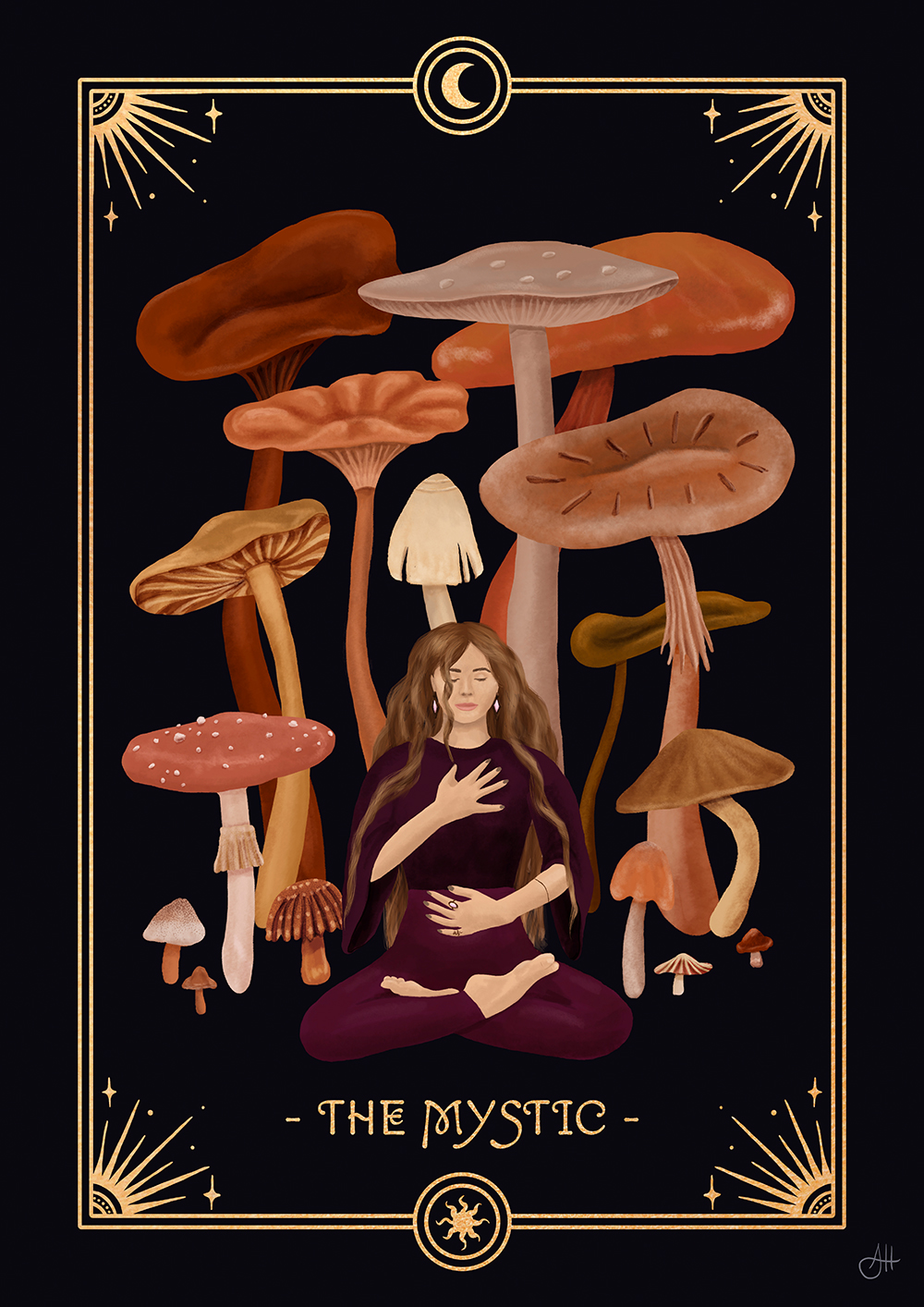 Illustrations of the 7 Feminine Archetypes by Anna Heimkreiter. "The Mystic" shows a woman practicing meditation under giant mushrooms.