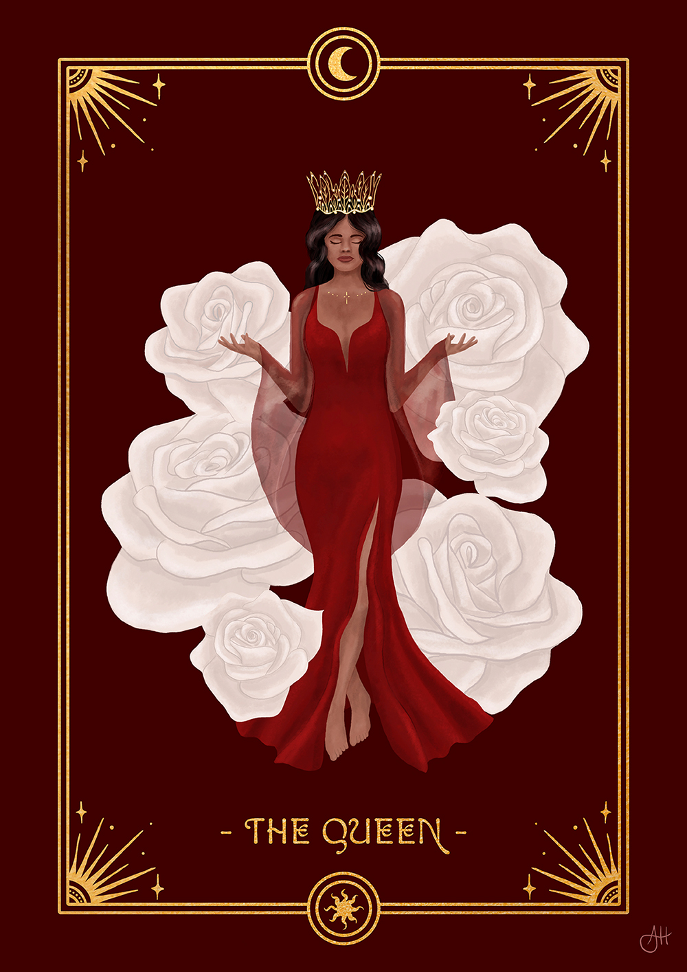 Illustrations of the 7 Feminine Archetypes by Anna Heimkreiter. "The Queen" shows a majestic woman with a crown surrounded by white roses.