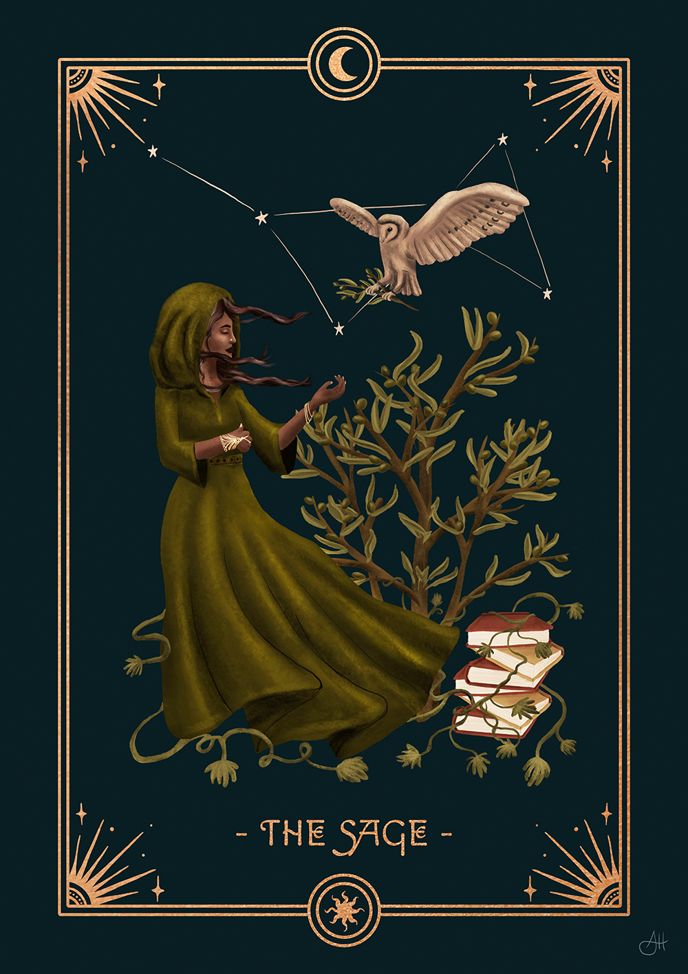 Illustrations of the 7 Feminine Archetypes by Anna Heimkreiter. "The Sage" shows a wise woman surrounded by books, an olive tree and an owl.