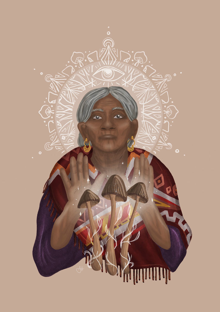 Maria Sabina illustration by Anna Heimkreiter. The wise Mexican healer is shown working with magic mushrooms.