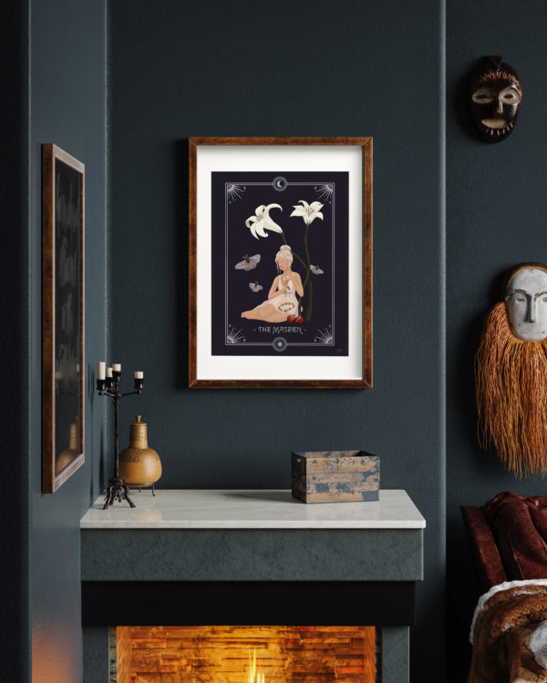 The Maiden Archetype represented through an illustration by Anna Heimkreiter. The Maiden is youthful, creative and optimistic. The Fine Art Print is available in two sizes - this image depicts an A3-sized print above a fireplace.