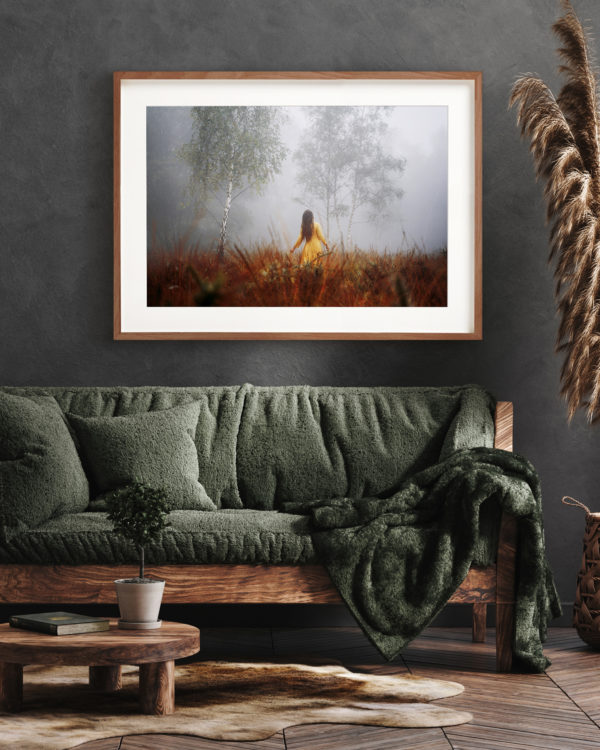 Ethereal, whimsical photography print in a dark, stylish interior