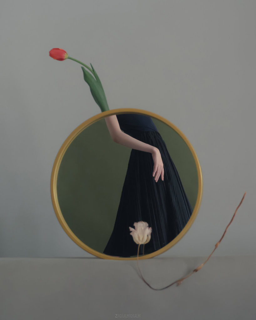 Mirror self-portrait photography artist creates minimalist compositions featuring flowers that line up perfectly.