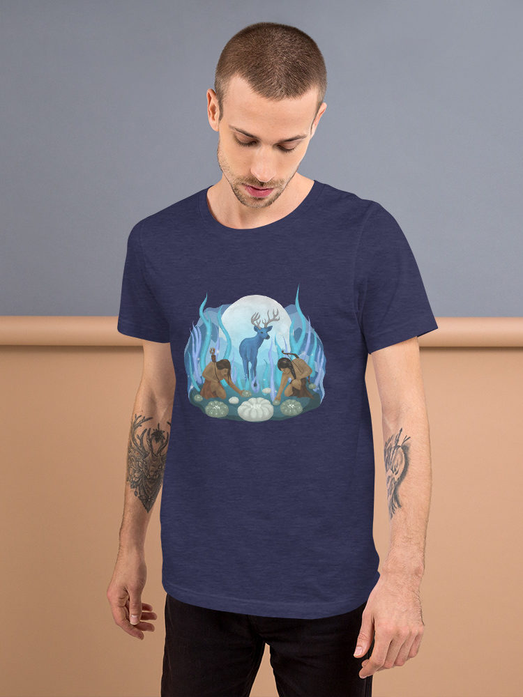 A man wearing a blue t-shirt with a Peyote illustration.